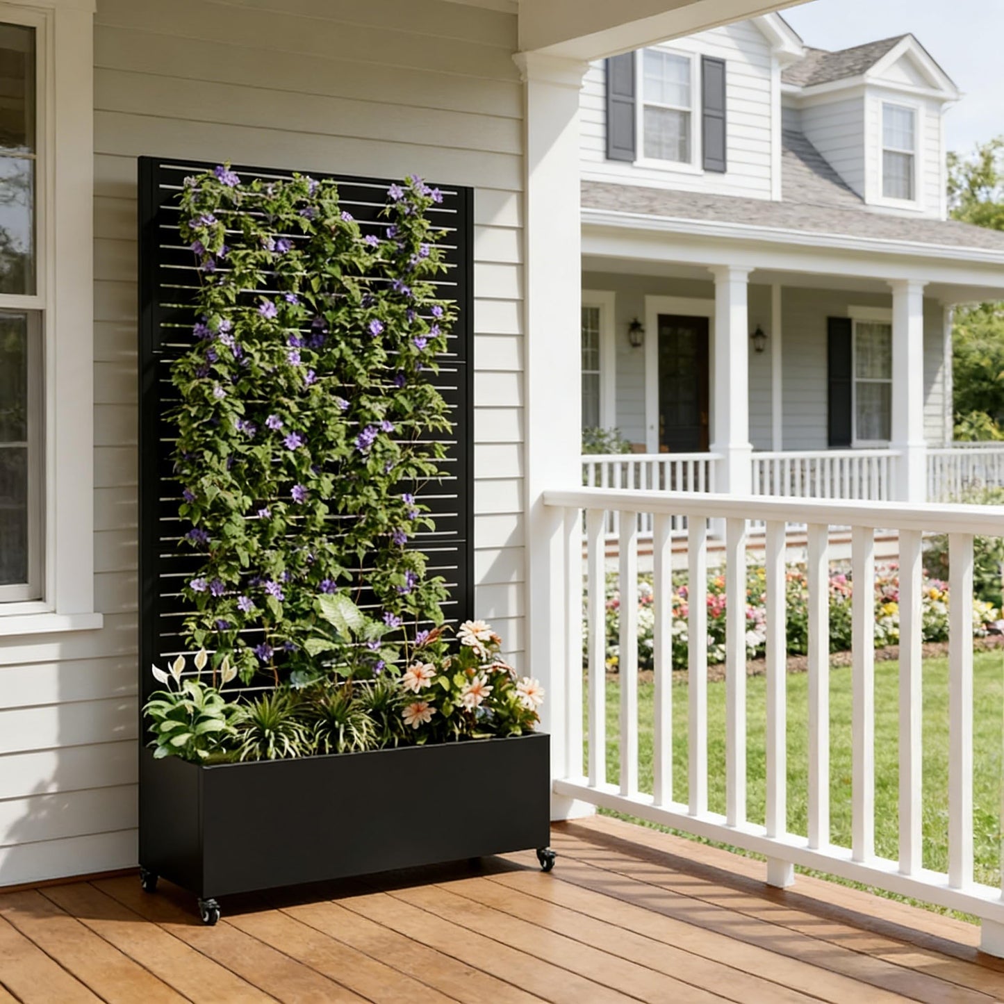 Beuiosda Metal Planter Box with Trellis Privacy Screen, Raised Garden Bed with 4 Wheels, Privacy Planters for Patio, Planter Box with Drainage Holes for Climbing Plants, Vegetables (Rectangle)
