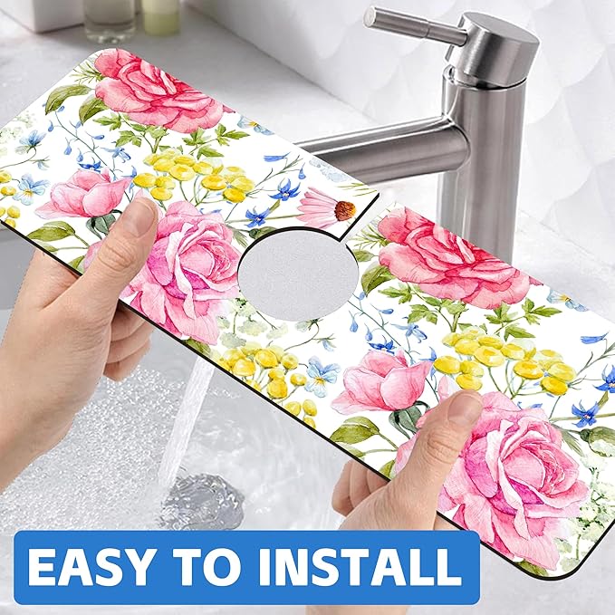 Watercolor Light Pink Floral Dish Drying Mat