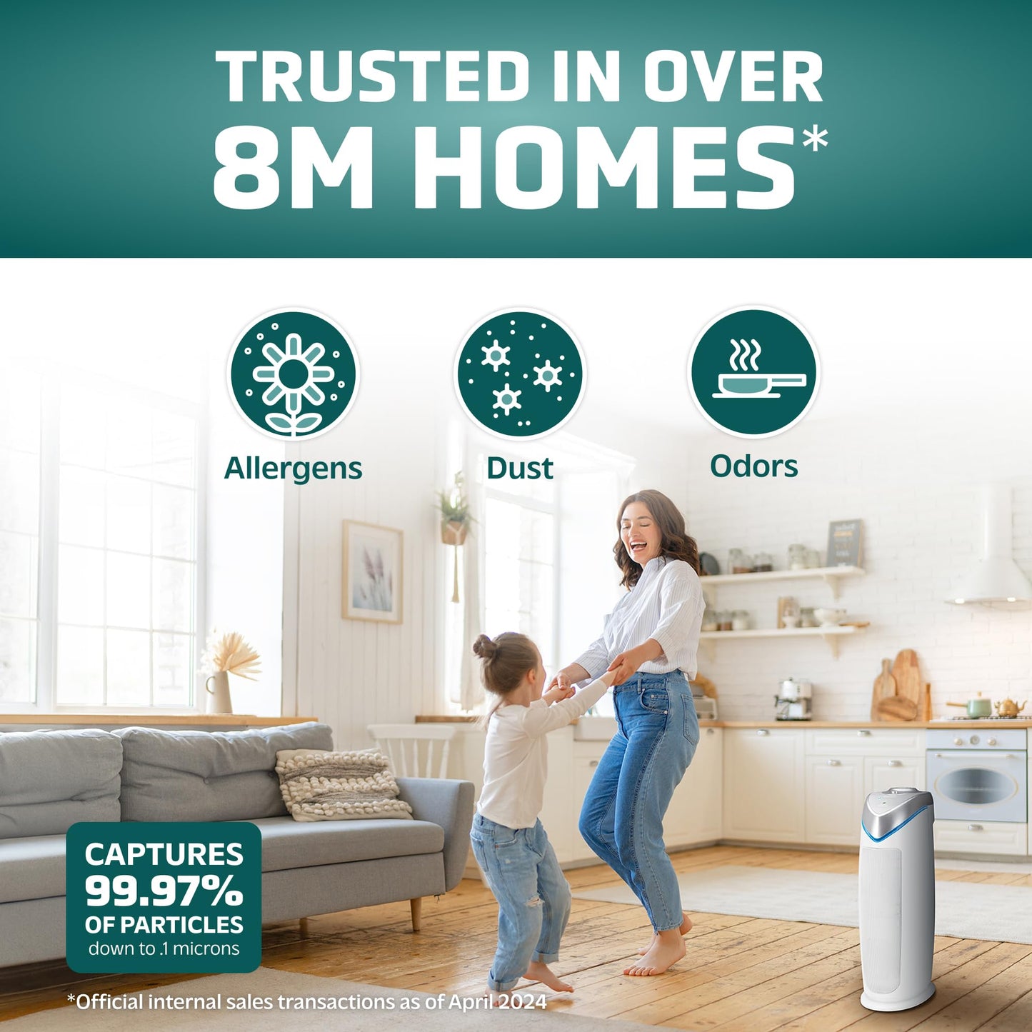 GermGuardian 4-In-1 HEPA Air Purifier for Home, Large Rooms Up To 743 Sq. Ft. with HEPA Air Filter, UV-C Light & Odor Reduction, AC4825E, 22" Tower, Gray