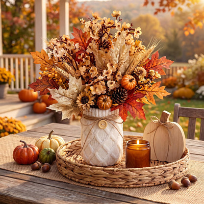 Newtay Fall Table Centerpiece 2 Pieces Mason Jar Vase with White Sweater Cove 17 oz Glass Flower Vase Rustic Autumn Farmhouse Table Decoration with Knit Bow and Button, Cozy Home Decoration