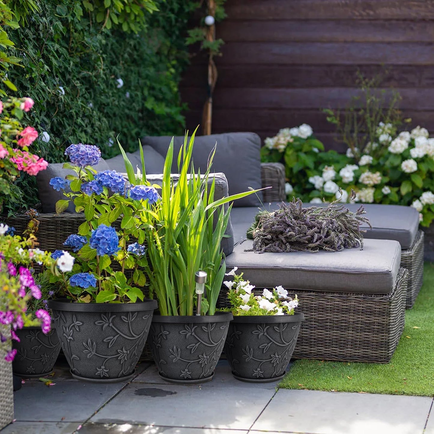 Nooulap 4 Pack 16 Inch Large Plant Pot for Outdoor, Plastic Flower Pot Indoor with Drainage Hole & Saucer, Modern Decorative Garden Pot, Imitation Magnolia Garden Pots for House Planters（Gray）