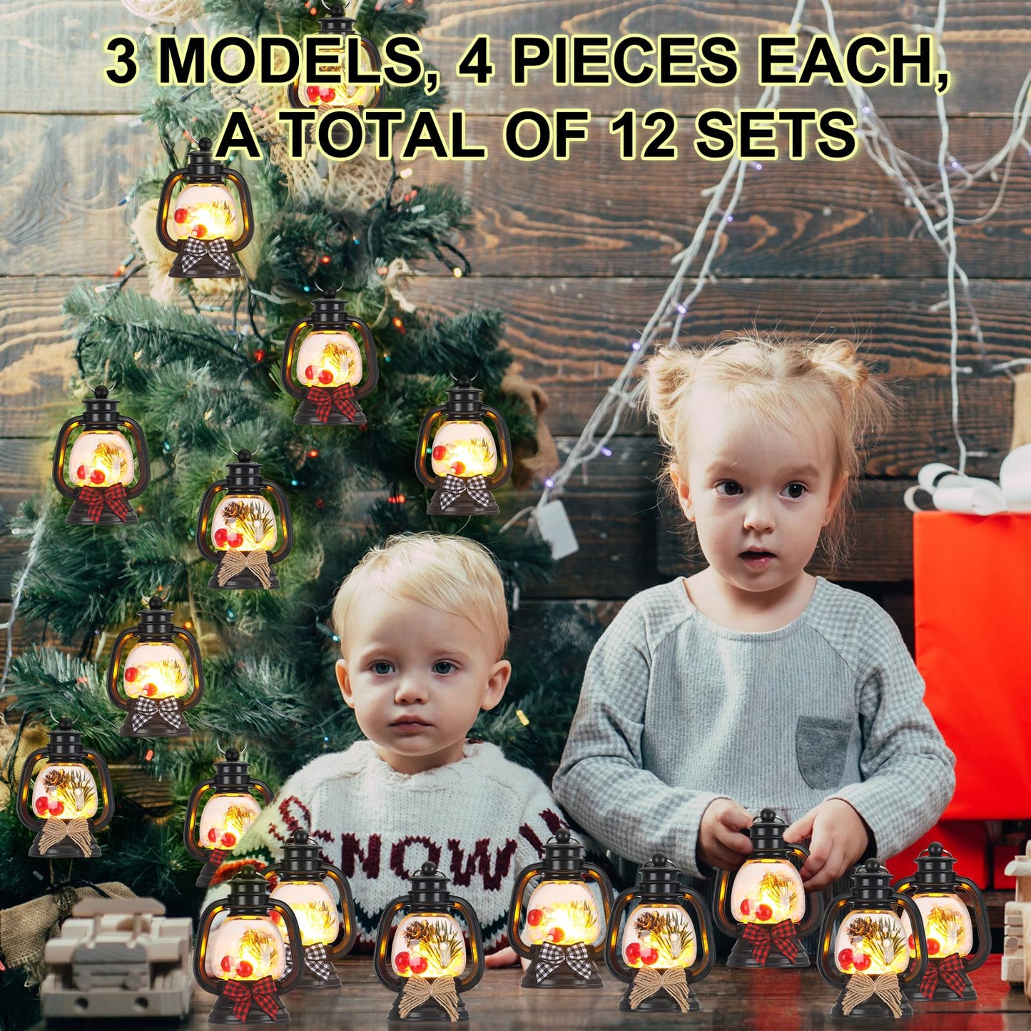 ROCEEI 12 Pcs Mini Christmas Lantern with Pine Cones, Berries, Pine Branches Flickering LED Candles Vintage Christmas Lantern with Bow Tie Ornament Hanging Candle Lantern Table Centerpiece for Xmas
