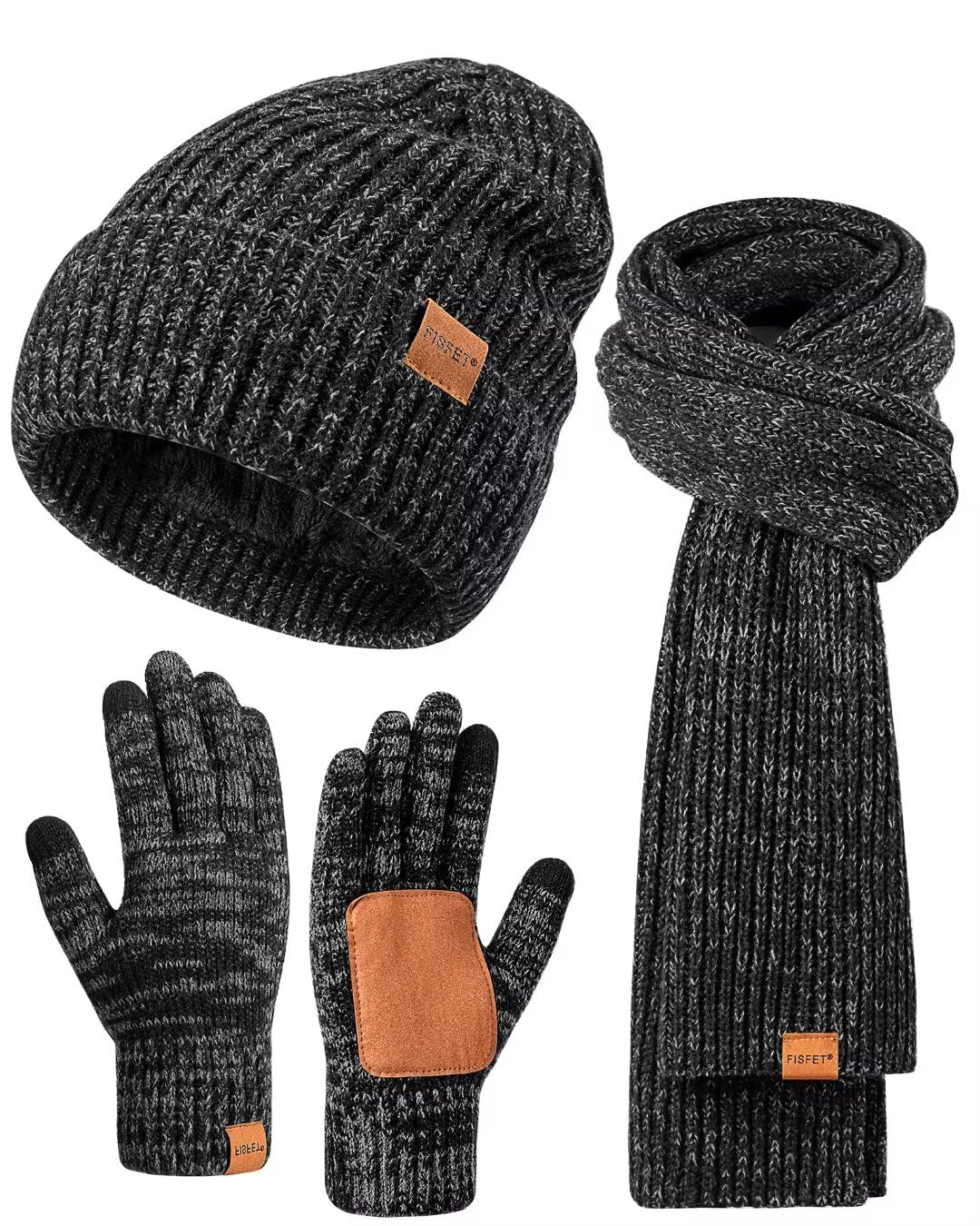 Winter Hat Gloves Scarf Set for Men Women, Mens Beanie with Fleece Lined Long Thick Scarf Touchscreen Gloves for Cold Weather, 3 in 1 Warm Gift Set(A-01)