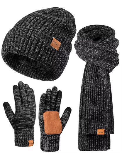 Winter Hat Gloves Scarf Set for Men Women, Mens Beanie with Fleece Lined Long Thick Scarf Touchscreen Gloves for Cold Weather, 3 in 1 Warm Gift Set(A-01)