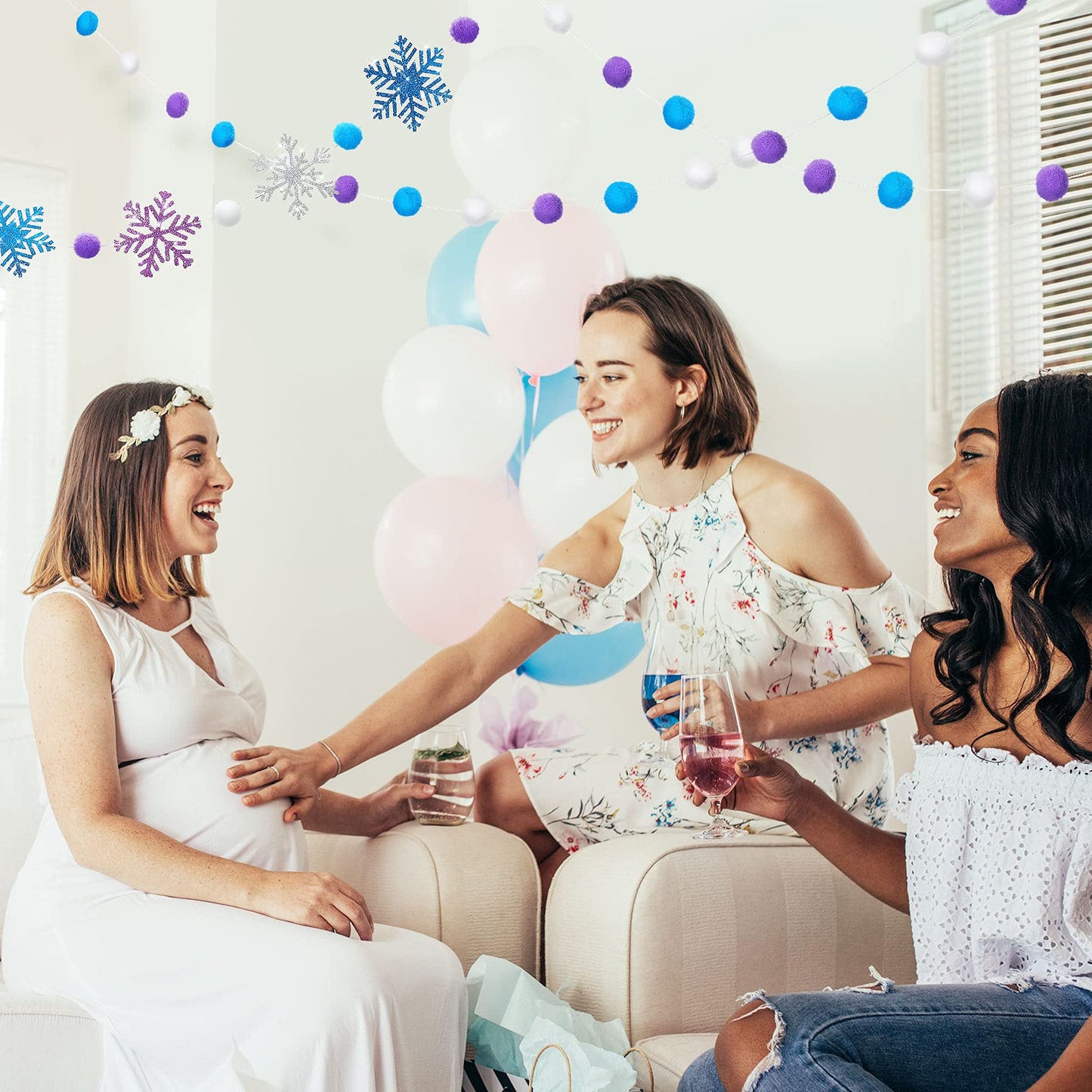Tatuo 3 Pieces Winter Felt Ball Banner Snowflake Garland Glittery Banner Wonderland Theme Pom Pom Decor Holiday Hanging Decor for Birthday Baby Shower Wedding Party