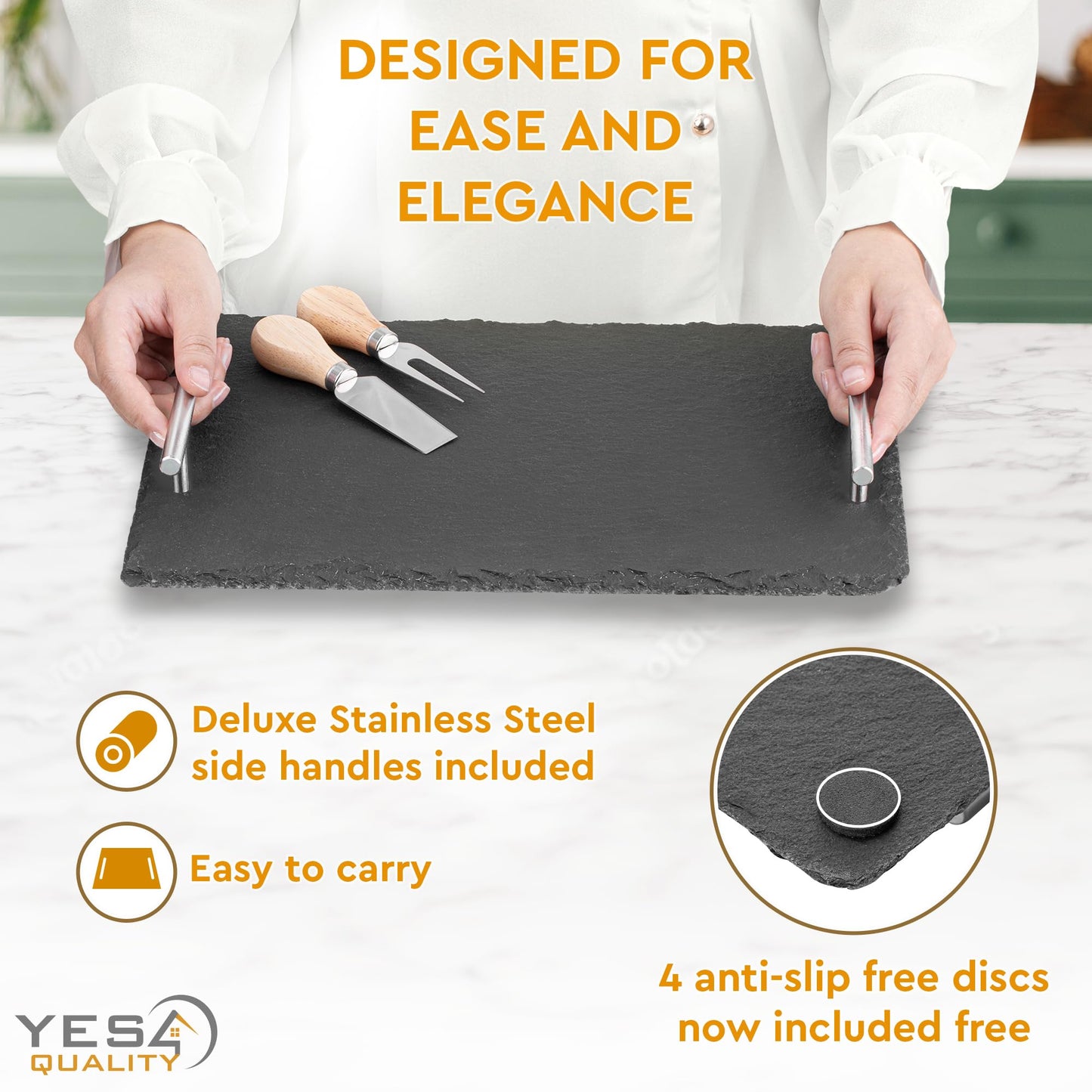 Slate Cheese Board Set w/Easy Carry Handles (14” x 10”, Black) Natural Stone Slate Tray for Appetizer Serving; Full Deluxe Cheeseboard Platter w/ 3 Knives, 1 Fork & 2 Soapstone Chalks by Yes4Quality