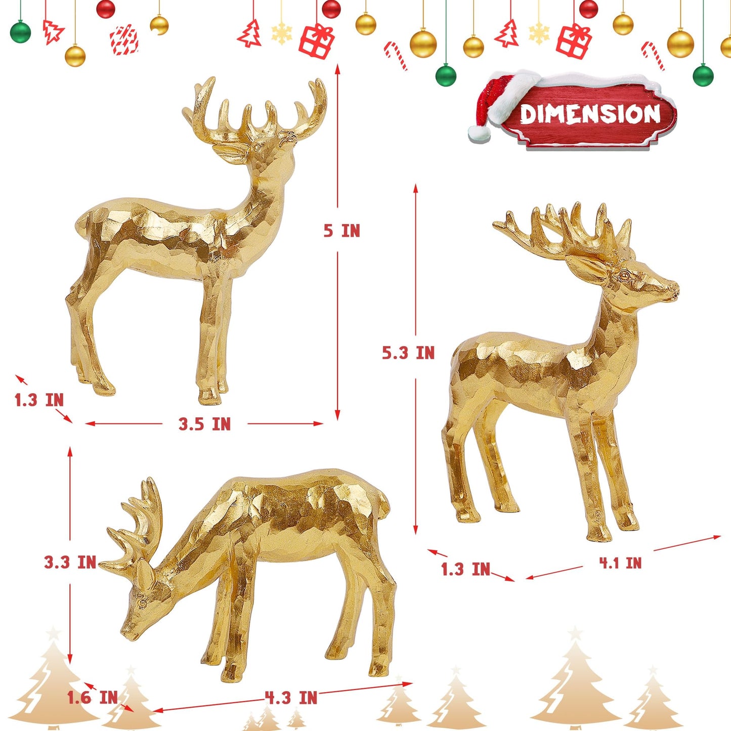 Lulu Home 3 PCS Christmas Tabletop Decorations, Resin Golden Reindeer Family Figurines with Diverse Postures, Xmas Holiday Winter Centerpieces Ornaments for Mantel Shelf Sill Decor(Peer)