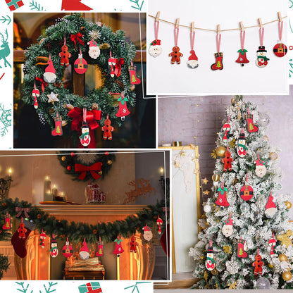24 Pcs Wooden Christmas Tree Ornaments Hanging Decorations 3D Santa Clause Snowman Reindeer Candy Cane Stocking Wooden Crafts for Xmas Tree Wreaths Home Winter Holiday Party Decor (Wood)