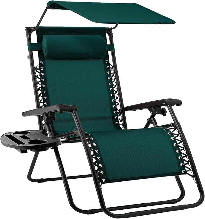 Best Choice Products Folding Zero Gravity Outdoor Recliner Patio Lounge Chair w/Adjustable Canopy Shade, Headrest, Side Accessory Tray, Textilene Mesh - Forest Green