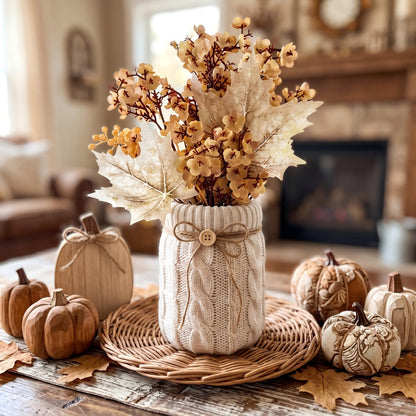 Newtay Fall Table Centerpiece 2 Pieces Mason Jar Vase with White Sweater Cove 17 oz Glass Flower Vase Rustic Autumn Farmhouse Table Decoration with Knit Bow and Button, Cozy Home Decoration