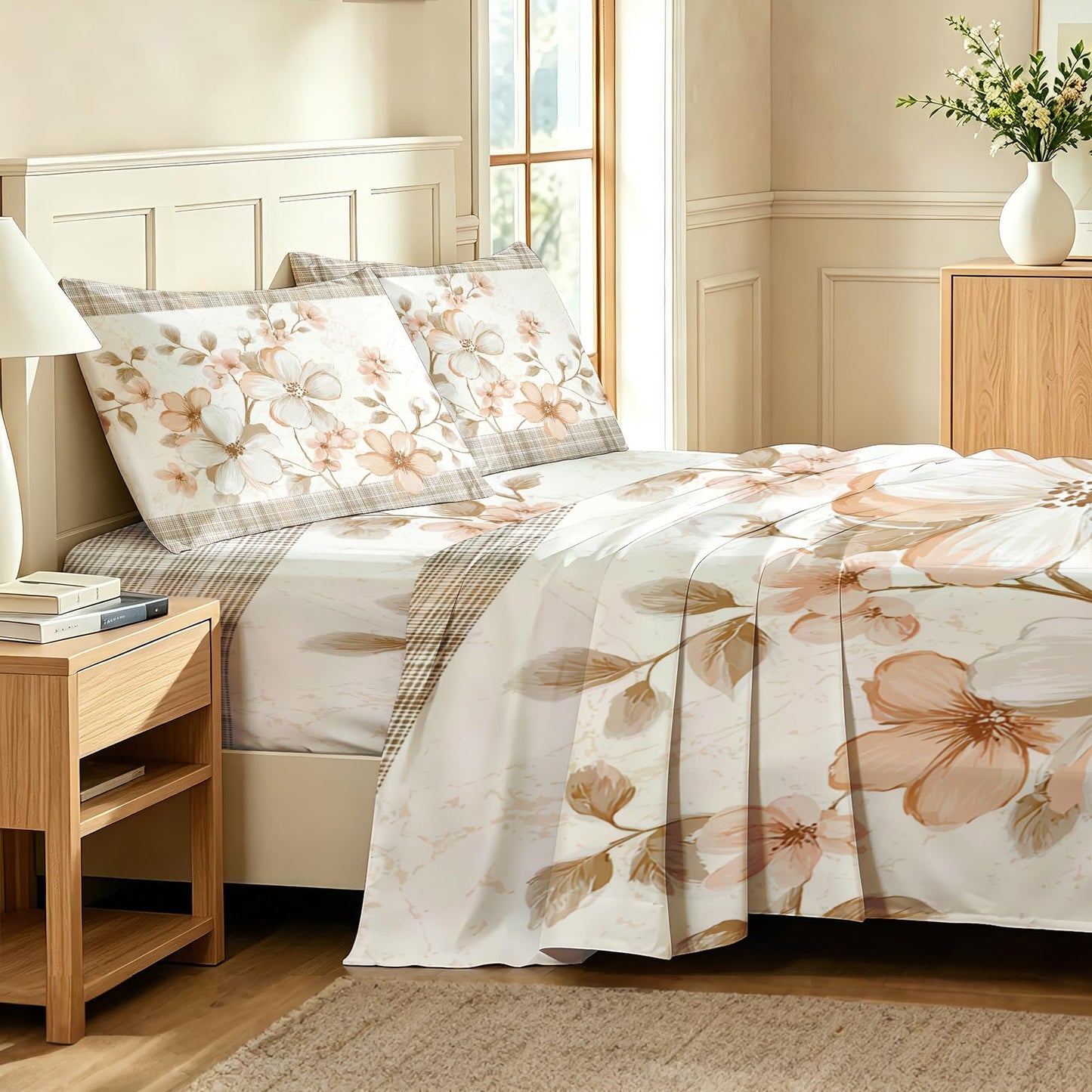 Plaid and Floral Queen Sheet Set Farmhouse Flat Fitted Sheet Sets