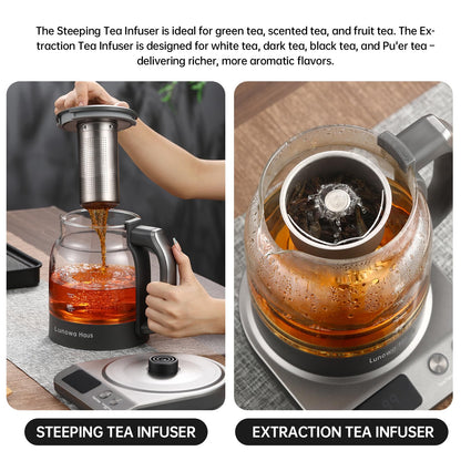 Lunowa Haus 120V Titanium & Glass Electric Tea Kettle, Pro Steam Extraction for All Teas (Green, Black, Oolong), 11 Temp & 10 Strength Levels, 1.2L, 12H Keep Warm, BPA-Free, 2 Infusers