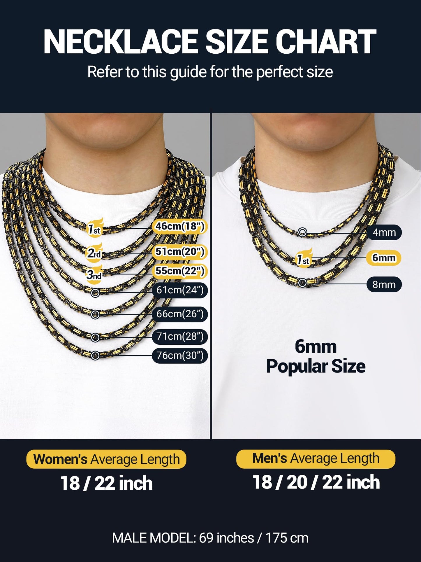 PROSTEEL Black And Gold Necklace For Men Chains Long Chain Necklace