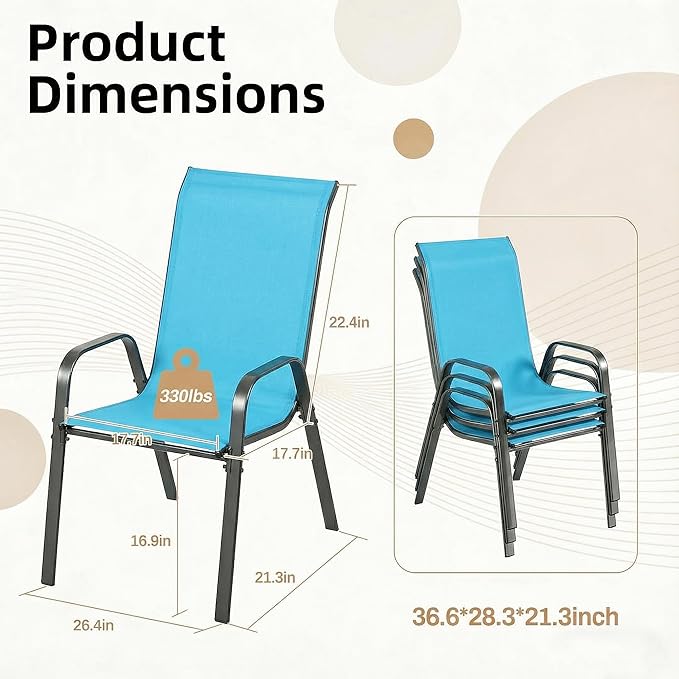 MAMIZO Patio Dining Chairs, Stackable All Weather Teslin Chair, Heavy Duty Outdoor Breathable Chairs Set, w/Armrests, Upgraded Chair FeetW/Strenthened Iron Spacers, 330 LBS (6, Turquoise Blue)
