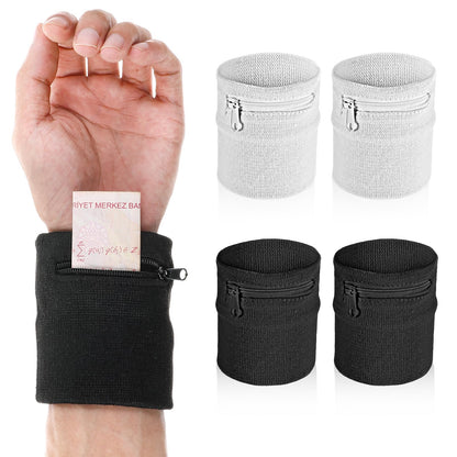 4Pcs Wrist Wallet,Wrist Sweatbands with Zipper Wrist Pouch for Women Men Running Walking Hiking Jogging Sports Sweatband Key Card Coin Storage（Black White）