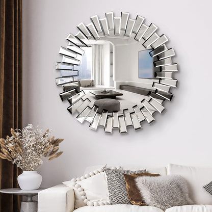 QDSSDECO Round Mirror Sunburst Wall Mirror 31.5" Beveled Edge Frameless for Living Room Bathroom Bedroom Entryway Decor