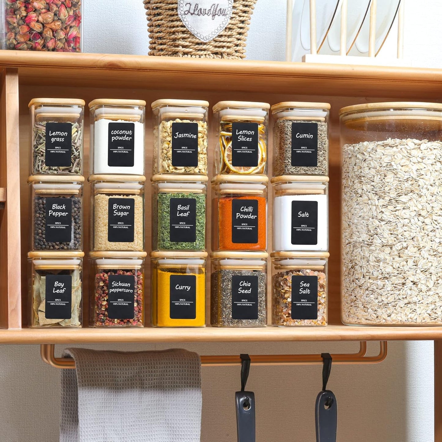 ComSaf 16Pcs Glass Spice Jars with Bamboo Lid, 4oz Airtight Square Spice Containers with 275 Black Lables, Empty Seasoning Jars for Spice Salt Sugar