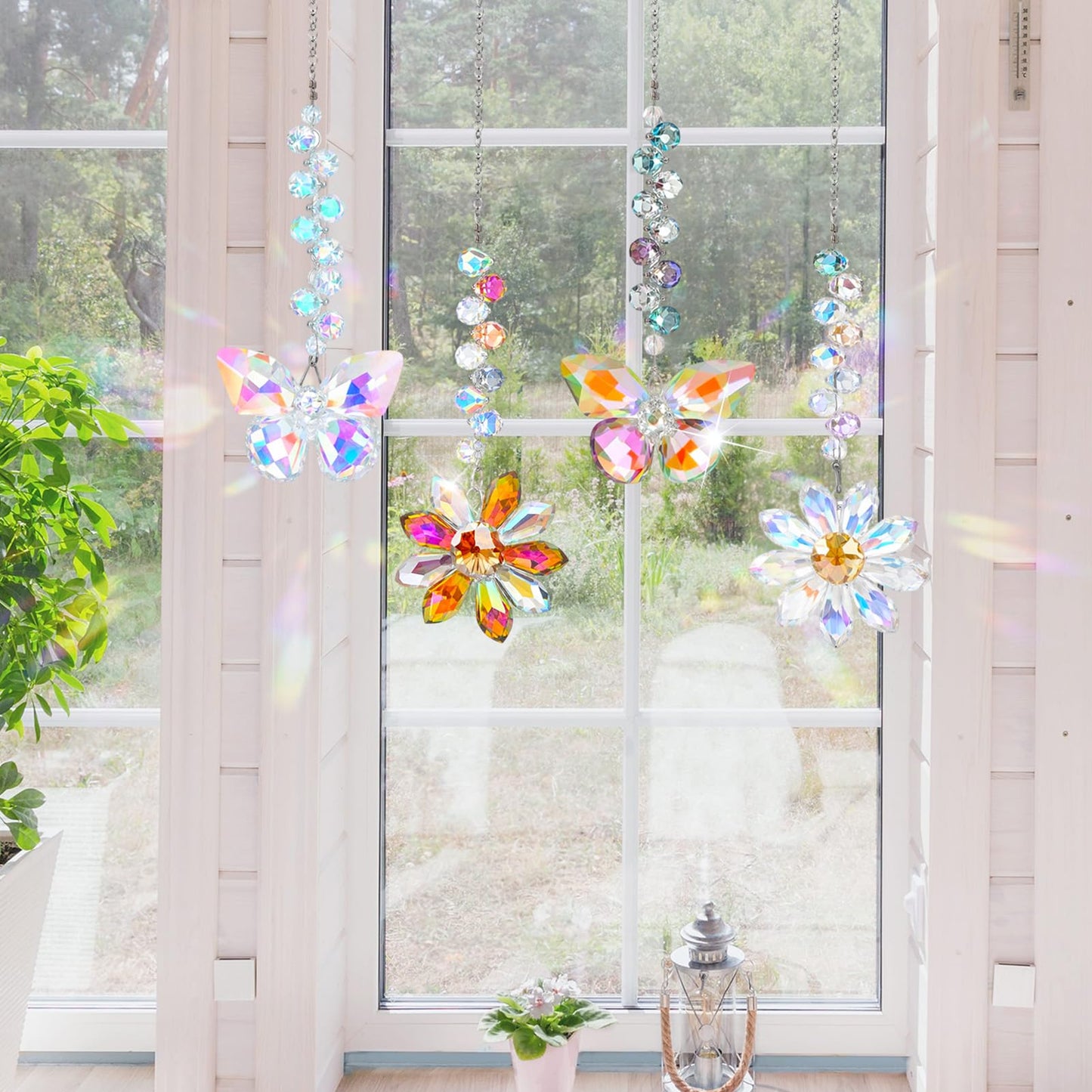 Hoemwarm 4 PCS Crystal Suncatchers 2PCS Butterfly 2PCS Flower Window Hanging Ornaments Rainbow Maker for Indoor Outdoor Garden Wedding Decor Gifts