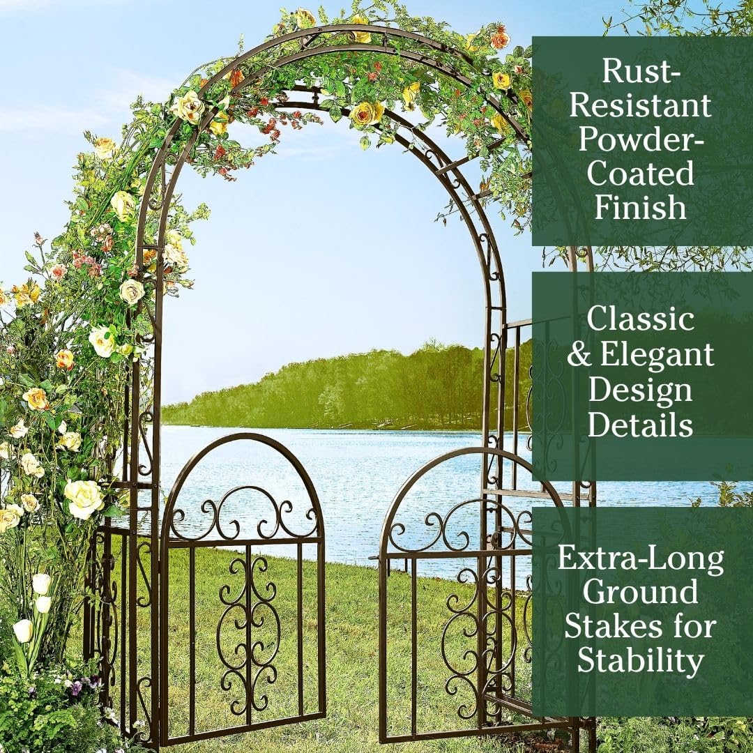 Plow & Hearth Arch Metal Outdoor Garden Arbor Double Gate | Montebello | 7 Feet Tall | Gunmetal Black | Steel Iron Trellis Lattice Climbing Plants & Heavy Vines