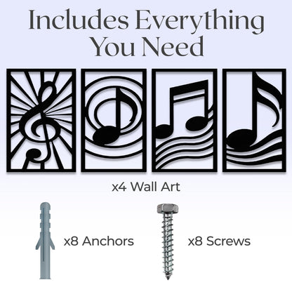 GALLERY GRACE Metal Wall Art Decor – 11" x 16" Set of 4 Single Line Abstract Wall Art for Living Room, Office, or Studio – Modern Minimalist Black Wall Decor with Music Note and Symbol Panels