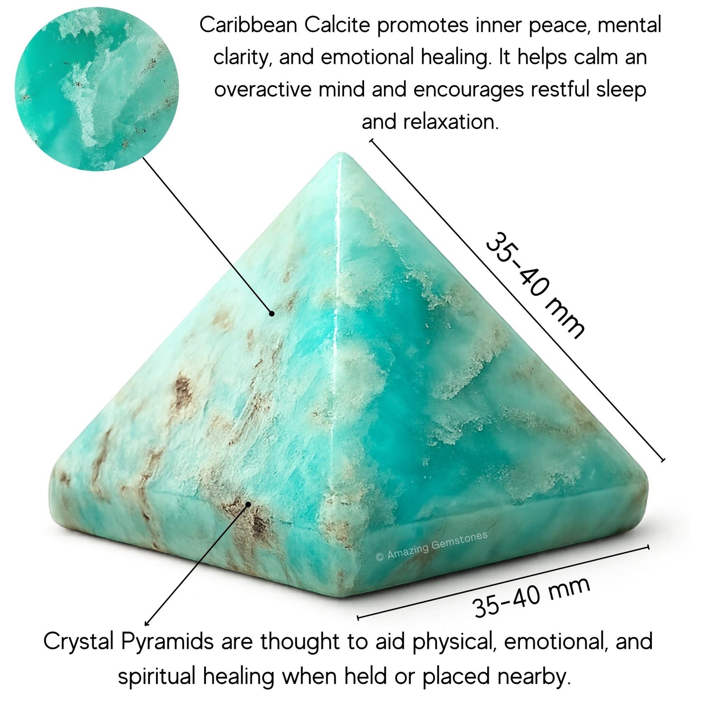 Amazing Gemstone Caribbean Calcite Pyramid Crystal Healing Stones - 1.5" Great Pyramid Figurine of Natural Stone Pyramid for Meditation, Reiki, Chakra Balancing and Crystal Pyramids Grid