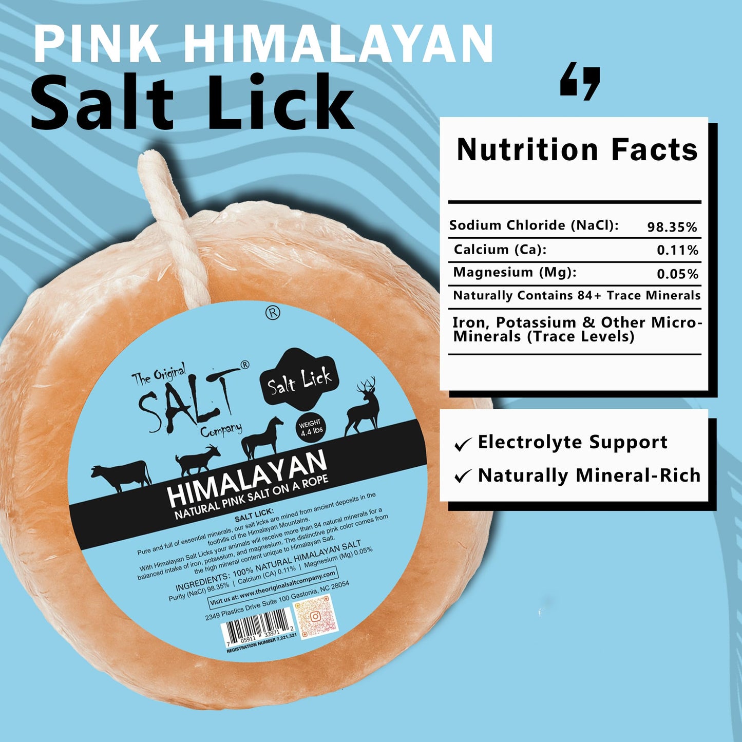 The Original Salt Company 100% Organic Himalayan Salt Lick Provides Essential Minerals for Your Horse/Livestock. This 4.4 lbs Natural Pink Salt Block on a Rope Supports Hydration/Digestion/Wellness.