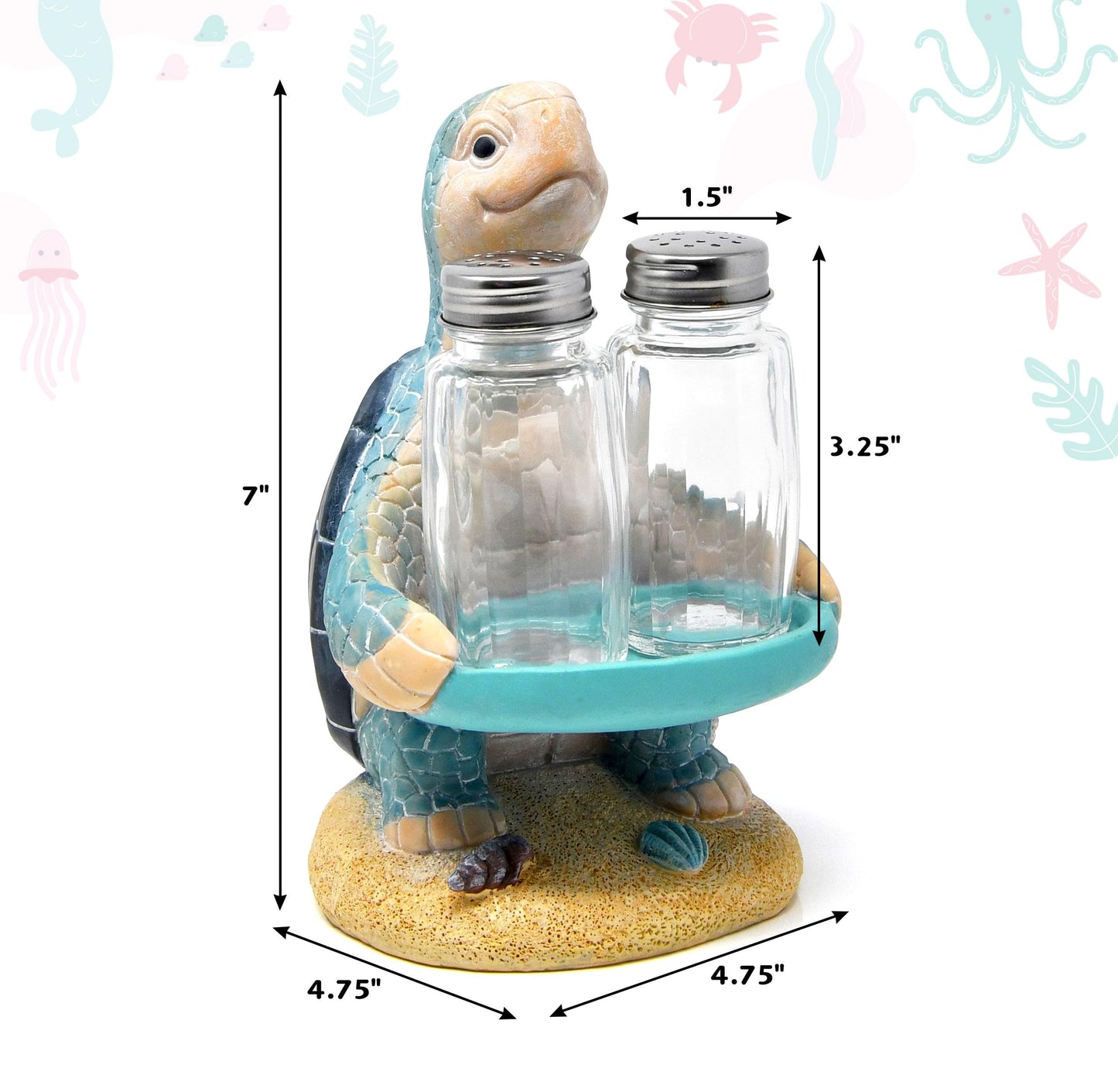 Sea Turtle Salt and Pepper Shakers Set with Holder, Coastal Beach Kitchen Table Decor, Ocean Themed Resin Figurine Set