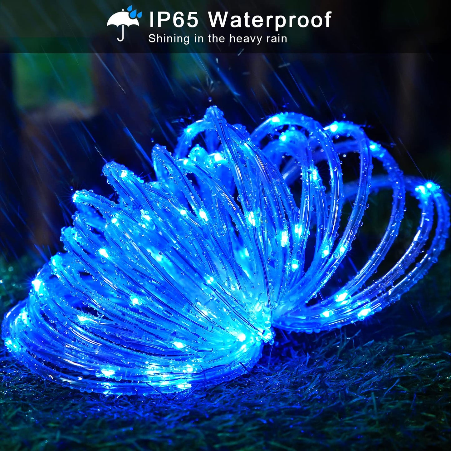 JMEXSUSS 2 Pack 100 LED Solar Rope Lights, IP65 Solar Rope Lights Outdoor Waterproof LED, 33ft 8 Modes PVC Tube Rope Light for Trampoline Xmas Fence Yard Walkway Path Garden(Blue)