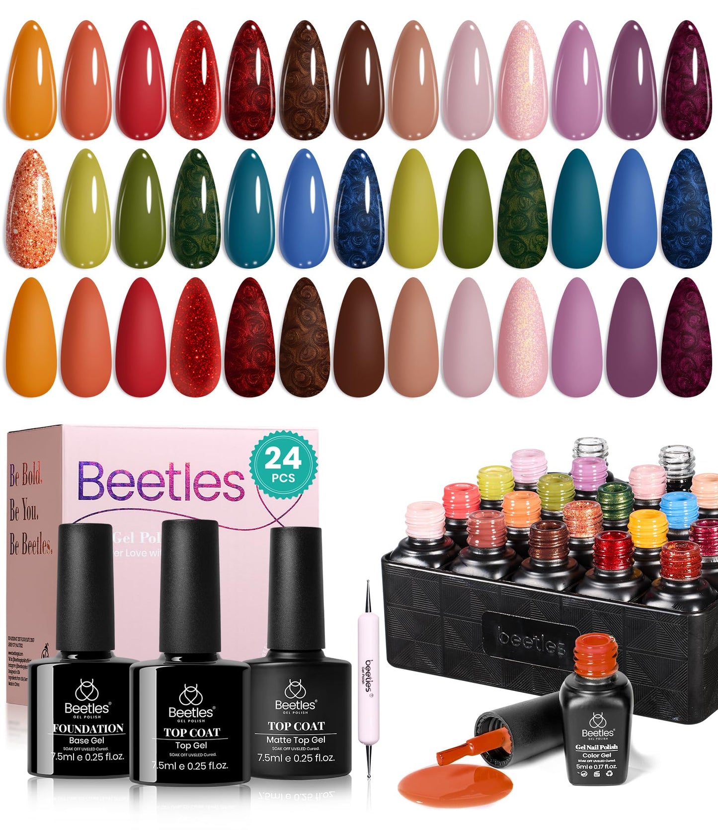 Beetles Halloween Gel Nail Polish - 39 Pcs Jelly Nail Set Glitter Changing Nail Polish Kit Treasure Box Collection with 3Pcs Base Matte and Glossy Top Soak Off Nails