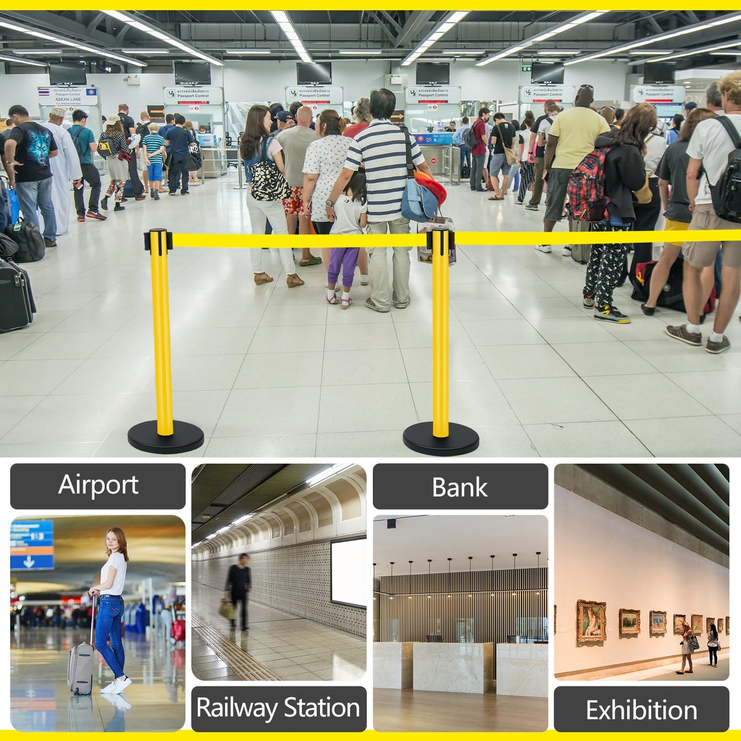 Therwen 6 Pack Heavy Duty Crowd Control Stanchions 9.8 ft Stainless Steel Stanchion Set with Safety Barrier Post Retractable Belt and Sign Holder Crowd Control Barrier(Yellow Belt, Yellow)