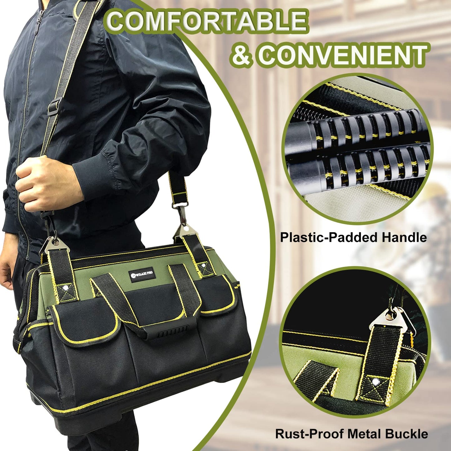WILAXI PRO 20inch Tool Bag for Men Women Heavy Duty with Waterproof Molded Base Large Tool Bag, Wide Mouth Tool Tote, Artisan Carpenter Electricians Tool Bags,Adjustable Shoulder Strap Organizer