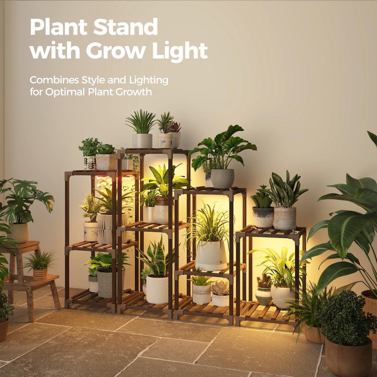 Bamworld Plant Stands with Grow Lights Indoor 4 Sets Plant Shelves Outdoor Wooden Plant Holder for Multiple Plants Flower Stands for Living Room Balcony Garden Patio Lawn Window