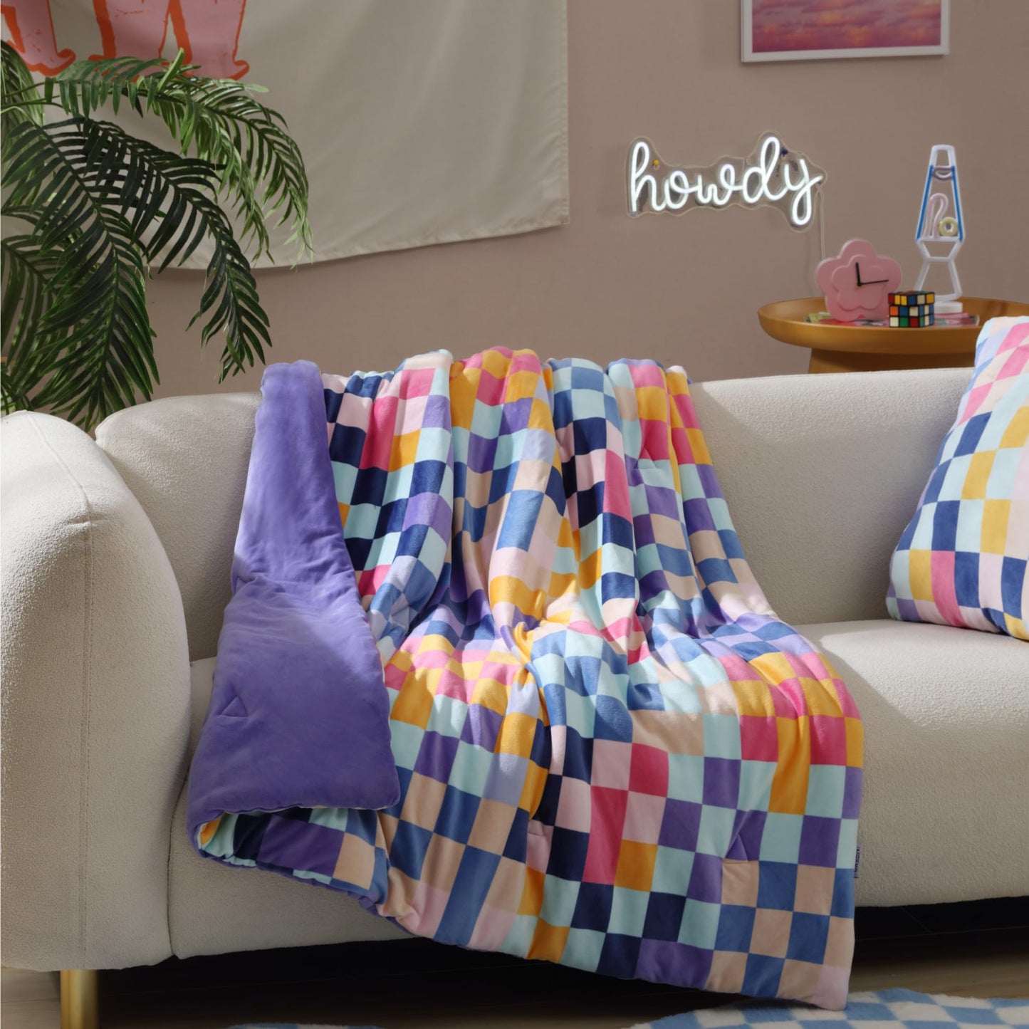Urban Lifestyle Smooshie Plush Throw Blanket – 50x60 Ultra Cozy Throw, Multicolor Checkered Pattern with Purple Reverse, Lightweight & Fluffy for Couch, Bed & Travel – Kids & Adults
