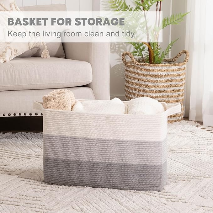 OIAHOMY Extra Large Blanket Basket, 95L Cotton Rope Woven Laundry Basket