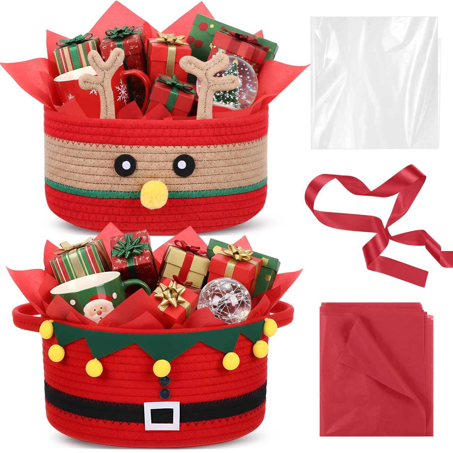 Zopeal 2 Pcs Christmas Woven Basket with Gift Bag, Ribbon and Red Tissue Paper Deer Woven Storage Bin Empty Basket Holiday Decorative for Xmas Gifts, 12 x 8 x 5 inch
