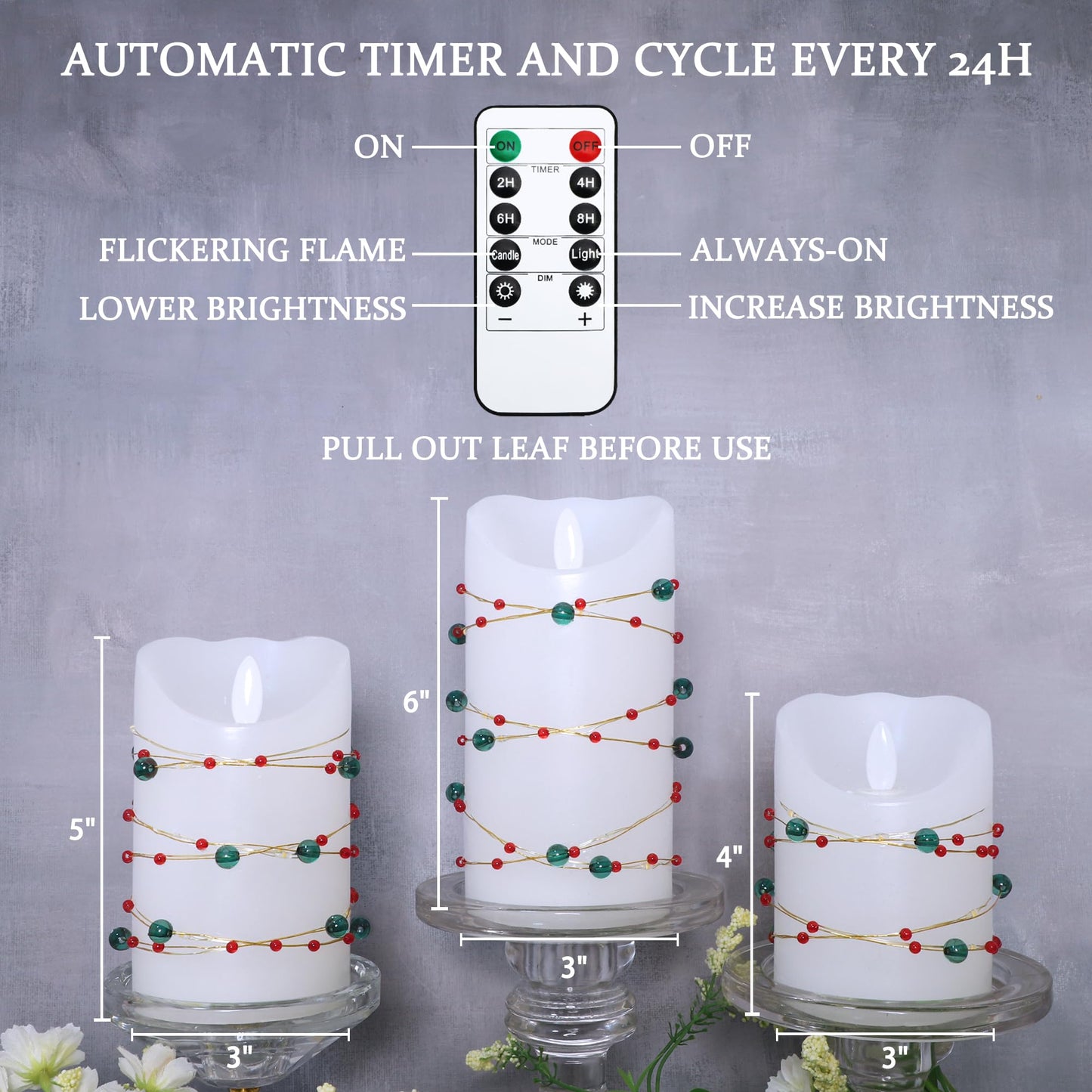 Flameless Candles with Red Green Beads String Lights - Real Wax Christmas Decor Battery Operated Candles with Remote & Timer- Home Party Bedroom Holiday Valentine's Day Decorations - Set of 3