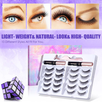 DEJAVIA Magnetic Lashes [10 Pairs], Premium Natural Looking, Reusable Lightweight Wispy Strong Magnetic Eyelashes with Applicator and Tweezers, No Glue Needed