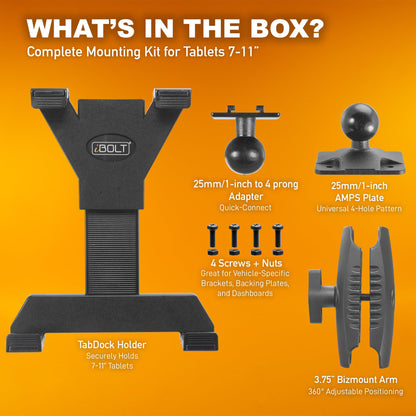iBOLT TabDock Bizmount AMPs - Heavy Duty Drill Base Tablet Holder/Mount for All 7" - 11" Tablets- Great for Commercial Vehicles, Trucks, and Wall Mounting- Features 1 inch / 25mm Ball Joint