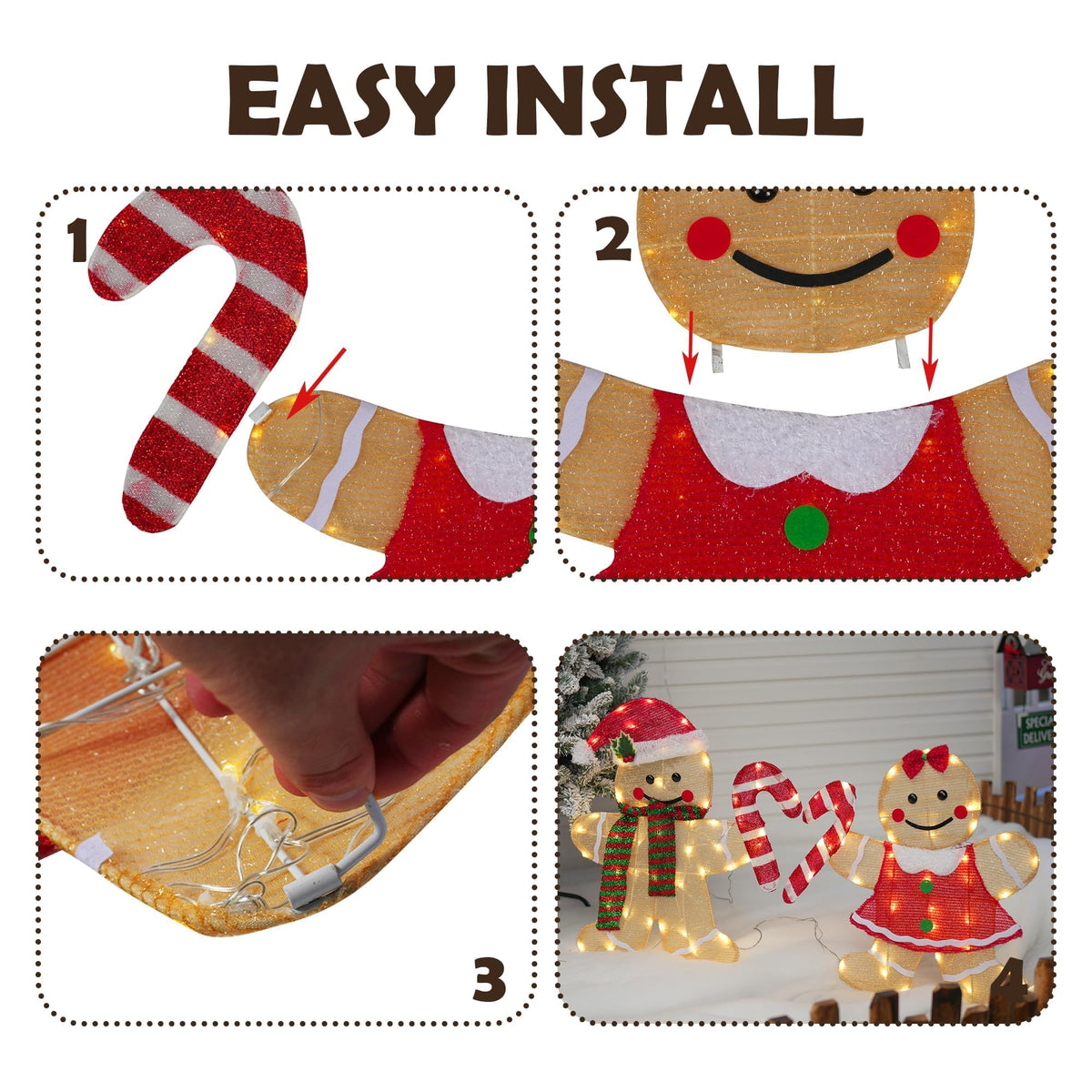 TW SHINE Christmas Outdoor Decorations Yard, Set of 2 Lighted 2D Gingerbread Man with 90 Warm White Lights, Light Up Gingerbread Man Couple for Xmas Holiday Front Garden Patio Lawn Display