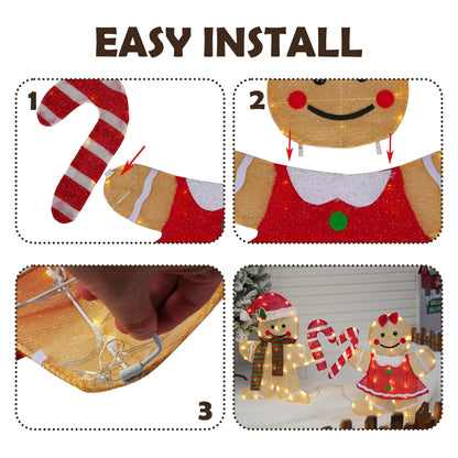 TW SHINE Christmas Outdoor Decorations Yard, Set of 2 Lighted 2D Gingerbread Man with 90 Warm White Lights, Light Up Gingerbread Man Couple for Xmas Holiday Front Garden Patio Lawn Display