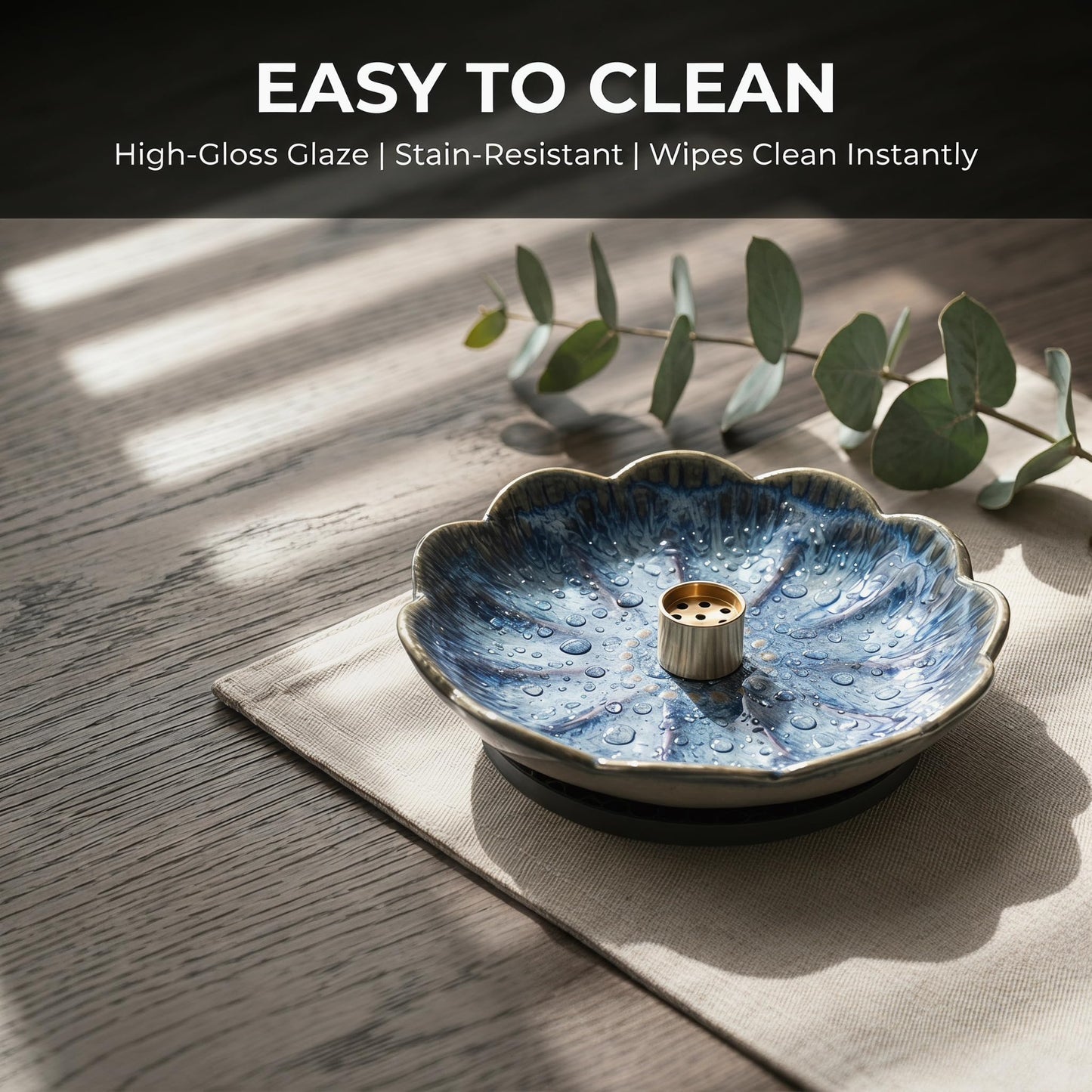 Pinehaven Lotus Incense Holder – 5.5 Inch Ceramic Tray with Ash Catcher, Blue, Solid Brass 9-Hole Insert – for Incense Sticks, Palo Santo, Sage & Cones – Zen Meditation Home Decor