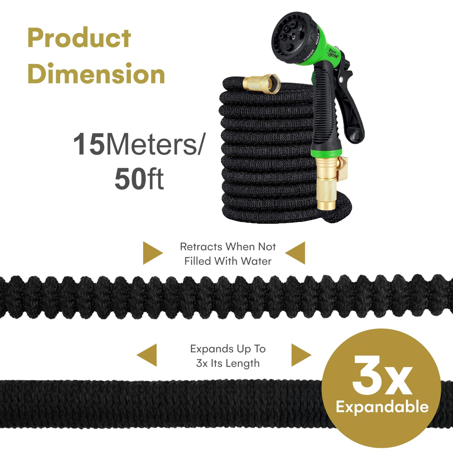 Flexi Hose Expandable Garden Hose - 50FT Heavy Duty Water Hose, Retractable Hose with 2cm Brass Fittings - Expandable Hose Design Includes Spray Nozzle (Black 15 Metres)