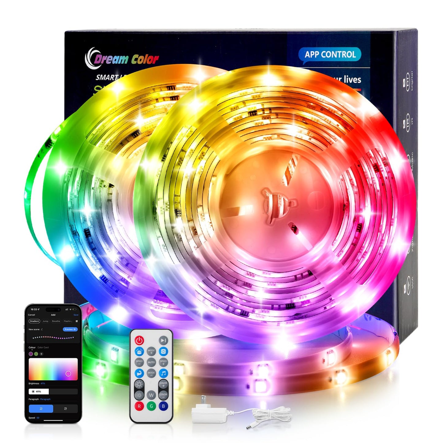 Pak LED Lights for Bedroom, 32.8ft(2 Rolls of 16.4ft) Smart RGB+IC LED Strip Lights with App/Remote Control, Music Sync Color Changing Flexible LED Lights with 64 Scene Modes for Party, Home, Gaming