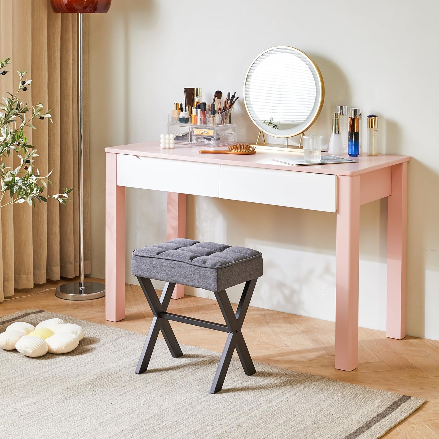 IBUYKE Square Makeup Stool with X-Leg Foot Rest, Linen Footrest, Ottoman Seat, Multi-Use as Small Side Table, for Bedroom, Living Room, Dark Gray LG-70G