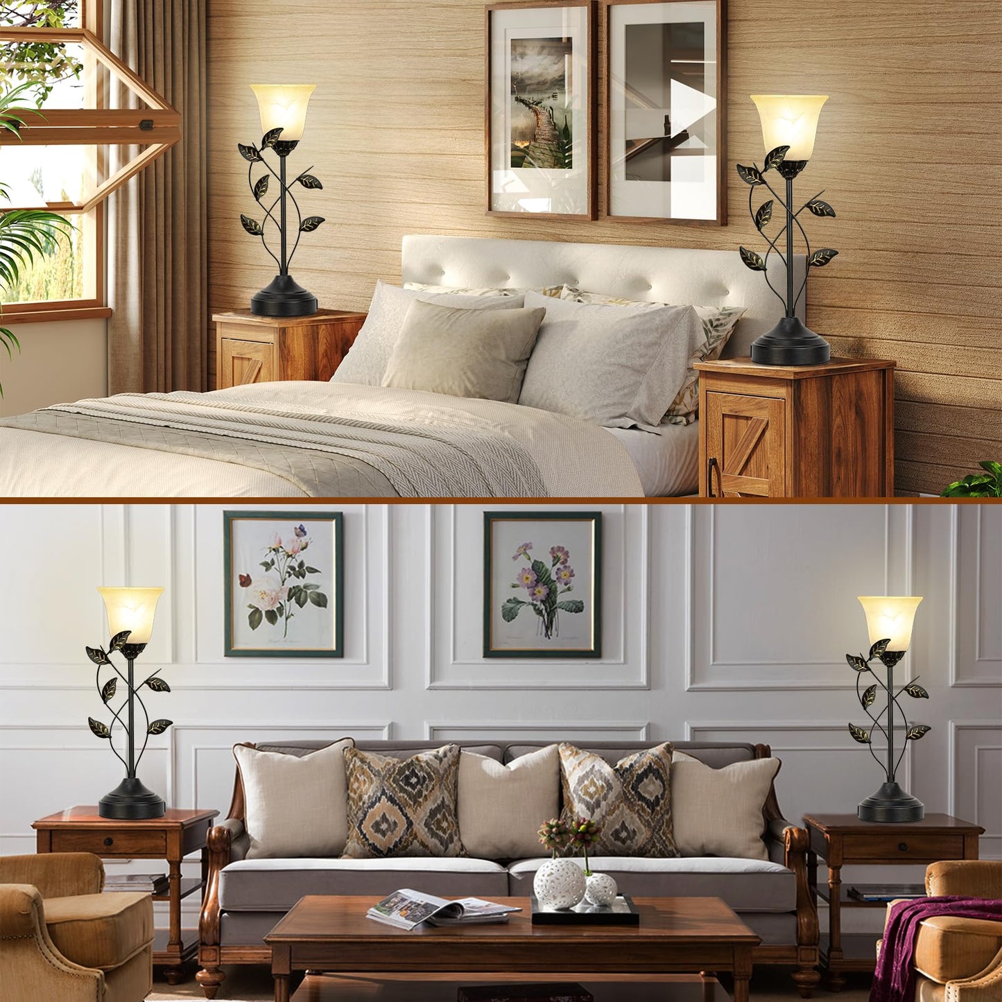 20 Inch Table Lamp for Bedroom with White Glass Shade, Retro Leaf Design Bedside Lamps Set of 2, 3-Way Dimmable Touch Control Lamps for Night Stands with USB C+A Charging Ports for Bedroom Living Room