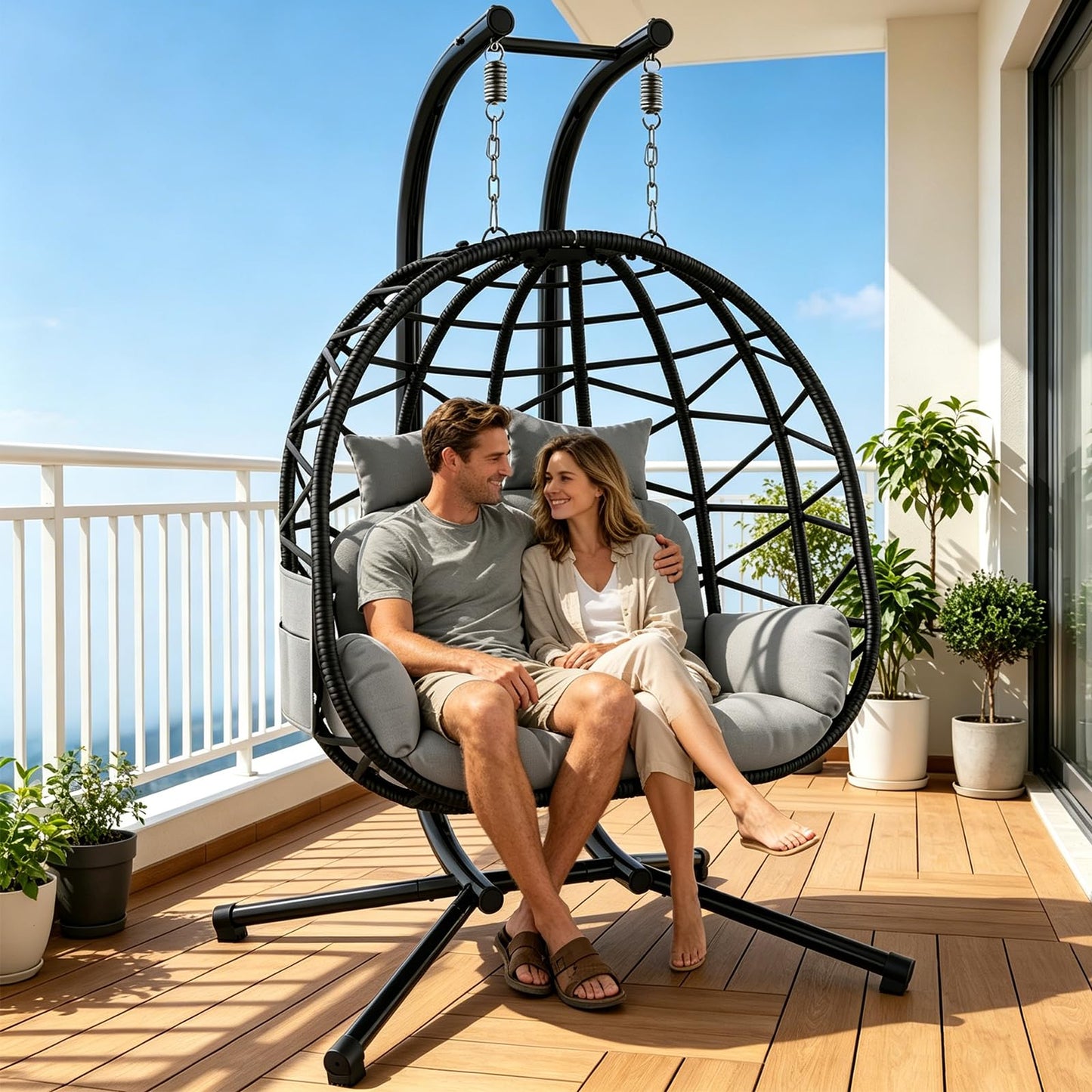 Suteck Double Hanging Egg Chair with Stand, Egg Swing Chair with Cushion,Outdoor Indoor 2 Person Wicker 700lbs Capacity for Patio, Bedroom, Garden - Black