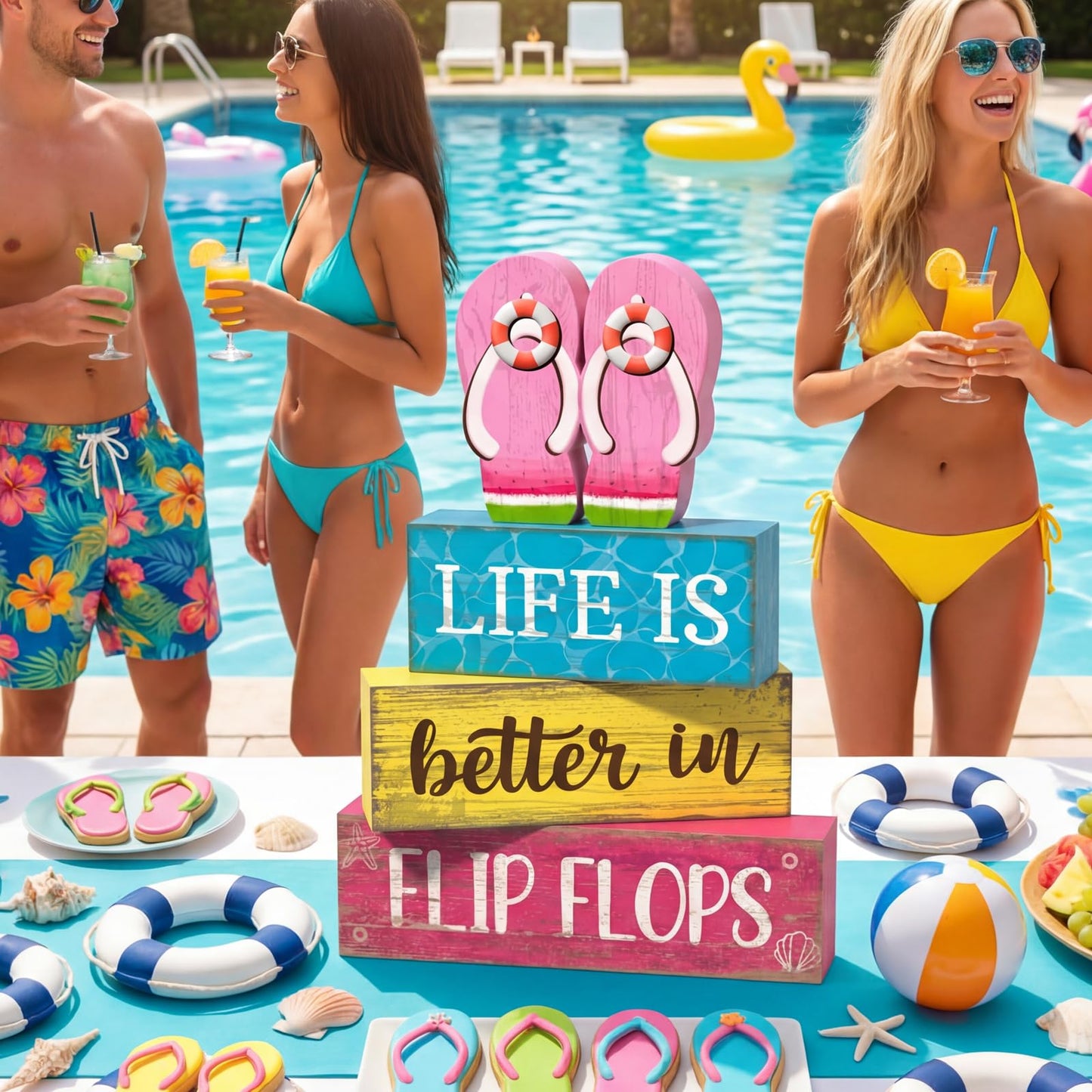 Yuntau 4 Pcs Summer Decorations for Home Flip Flops Table Decorations Wooden Sign Beach Table Centerpiece Summer Tiered Tray Decor Decorative Faux Book Stack Block for Office Coffee Mantel Shelf