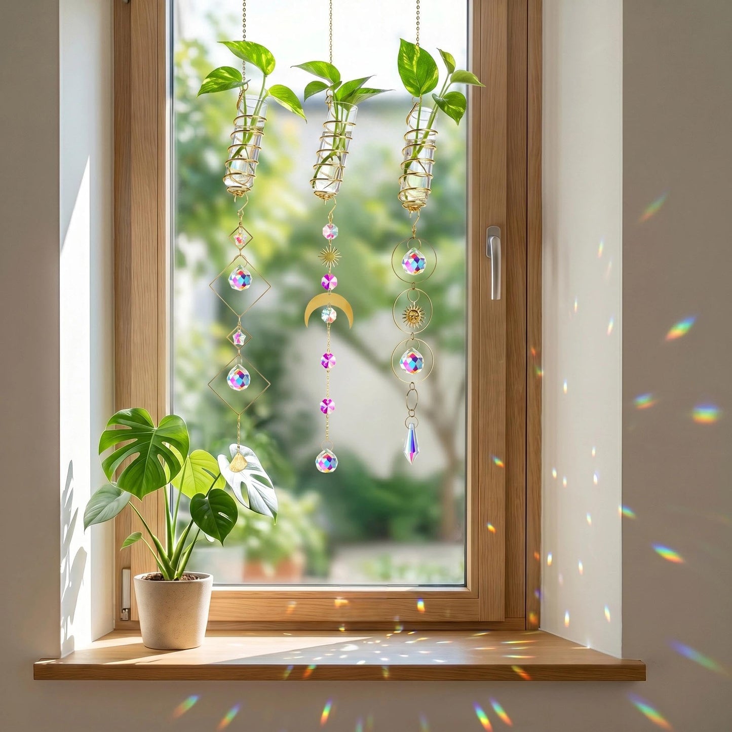 HDCRYSTALGIFTS 3pcs Crystal Suncatchers with Plant Propagation Tubes for Window Wall Hanging, Mini Flower Vase Glass Planter Stations for Hydroponics Home Garden Office Decoration Plant Lover Gift