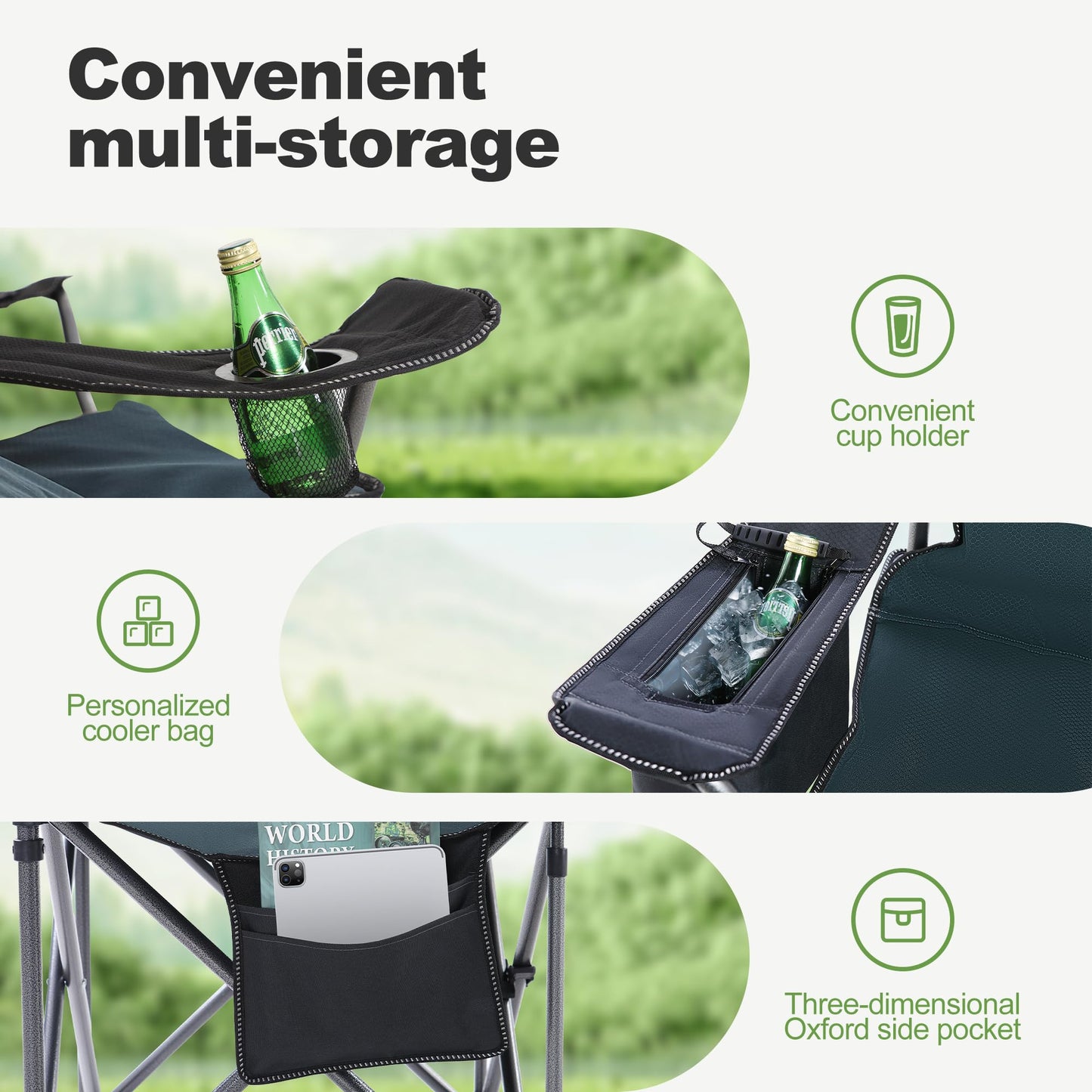 LET'S CAMP Oversized Folding Camping Chair Portable Outdoor Heavy Duty Padded Chairs Lawn Chair with Cup Holder, Storage Pocket and Cooler Bag, Supports 450LBS, for Camp, Travel, Picnic,2 Pack(Green)