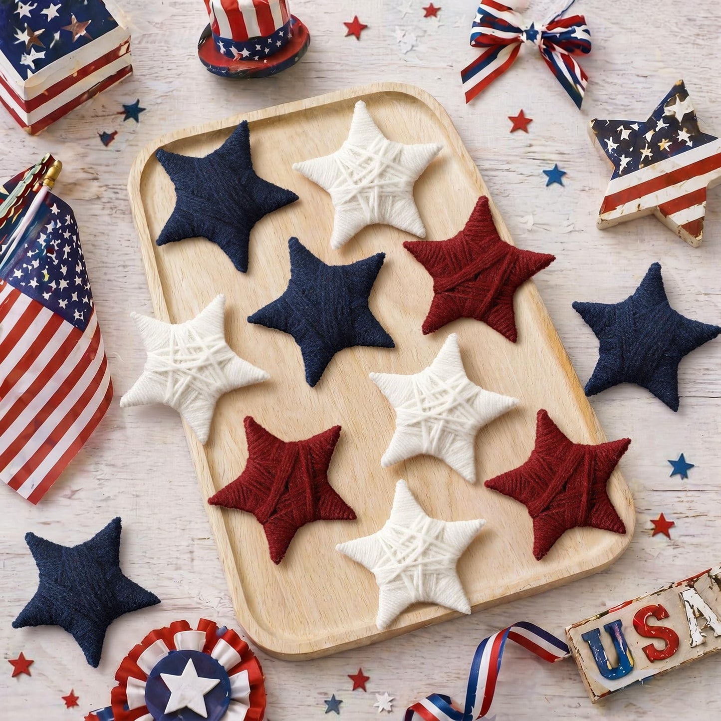 Daifunli 24 Pcs 4th of July Patriotic Ornaments Yarn Red Blue White Star Ornaments Farmhouse Handmade Star Vase Bowl Fillers Hanging 250th Anniversary Decoration for Home Small Tree Table Wreath Decor